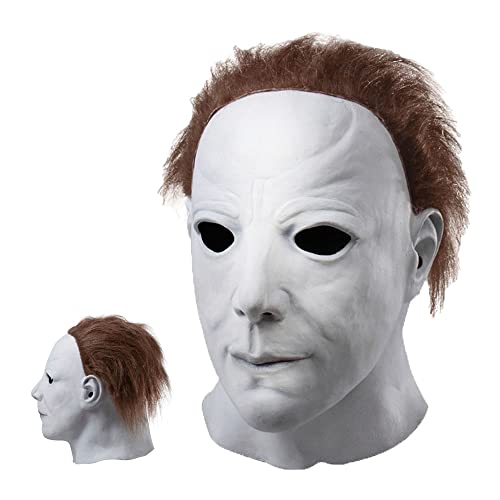 AENEY Michael Myers Maske, Latex Horror Vollkopf weiße Gesichtsmaske, Halloween-Kostüm, gruselige Requisite mit Haaren von AENEY