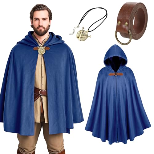 AENEY Mittelalter Umhang mit Kapuze, Faire-Samt-Kapuzenumhang für Männer und Frauen, Ritter-Renaissance-Cosplay-Halloween-Kostüm (Blue, 130CM/ 51.18'') von AENEY