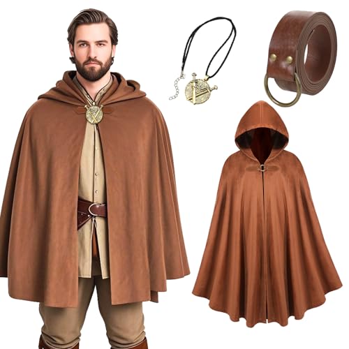AENEY Mittelalter Umhang mit Kapuze, Faire-Samt-Kapuzenumhang für Männer und Frauen, Ritter-Renaissance-Cosplay-Halloween-Kostüm (Brown, 130CM/ 51.18'') von AENEY