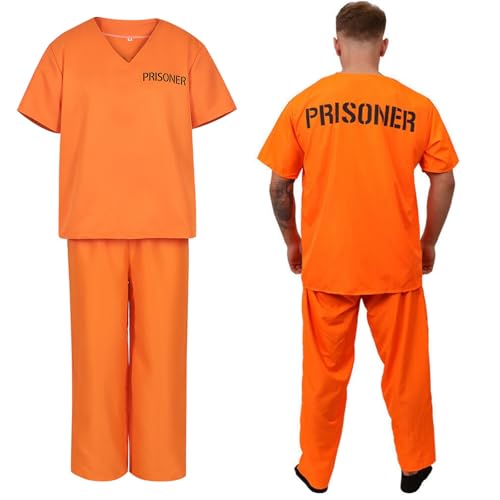 AENEY Sträfling Kostüm Herren, 3-teiliges Häftling Outfit mit orangefarbenem Gefängnis Overall, Handschellen und Sträflingskapuze, Halloween-Knastbruderuniform (XX-Large) von AENEY
