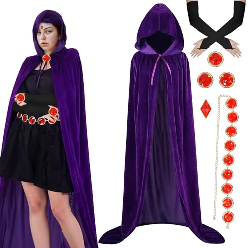 AENEY Teen Titans Raven Cosplay-Kostüm, 7-teiliger lila Raven Anime-Umhang mit Kapuze und rotem Edelsteingürtel, lange Handschuhe, Kostüm für erwachsene Frauen (Medium -150cm) von AENEY