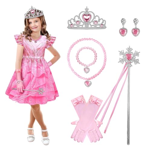 AENEY Wicked Glinda-Kostüm für Kinder, Mädchen, 7-teilig, gutes Hexenkleid mit Glinda-Zauberstab, Feenkrone, Handschuhe, Prinzessin, Cosplay, Halloween, Party (S/6–8 Jahre) von AENEY