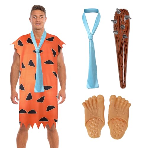 Fred Feuerstein-Kostüm für Erwachsene, Herren, 4-teilig, Höhlenmensch-Cosplay-Outfits mit Fußabdeckungen, aufblasbarer Club-Stick-Krawatte (klein) von AENEY