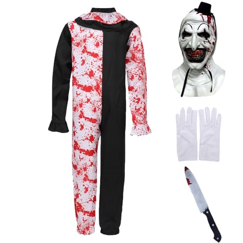 Terrifier Art der Clown-Kostüm, 4 Stück, Halloween, gruseliger Killer-Clown-Overall, Outfits mit Maske, Handschuhen, Messer-Requisiten, Blut-1, Größe XL Terrifier Art der Clown-Kostüm, 4 Stück, Halloween, gruseliger Killer-Clown-Overall, Outfits mit Maske, Handschuhen, Messer-Requisiten, Blut-1, Größe XL von AENEY