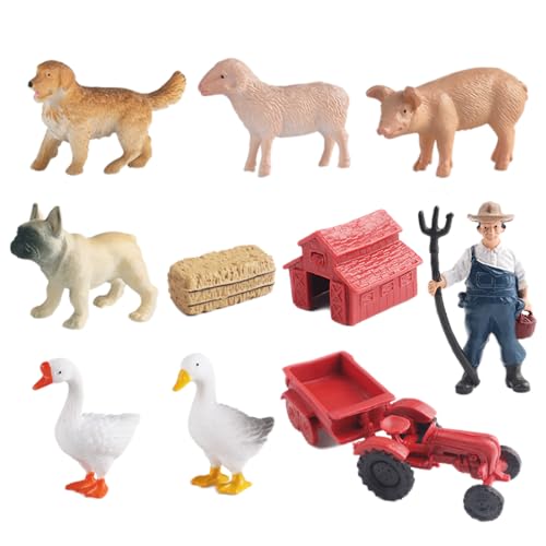 AENIMELY 10-teiliges Bauernhof-Tier-Set mit Bauer – Traktor, Hund, Schaf, Schwein, Gans, Scheune & Zubehör – Realistische Plastik-Tiermodelle für Kinder – Pädagogische Ranch-Spielszene von AENIMELY