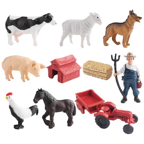 AENIMELY 10-teiliges Bauernhof-Tier-Set mit Bauer – Traktor, Kuh, Schaf, Hund, Schwein, Huhn, Pferd – Realistische Ranch-Spielszene für Kinder – Pädagogische Plastikfiguren von AENIMELY