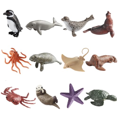 AENIMELY 12-teiliges Mini Meeres-Tierfiguren – Realistische Meereslebewesen-Modelle mit Pinguin, Seelöwe, Robbe – Lernspielzeug, Kuchentopper, STEM-Lernset von AENIMELY