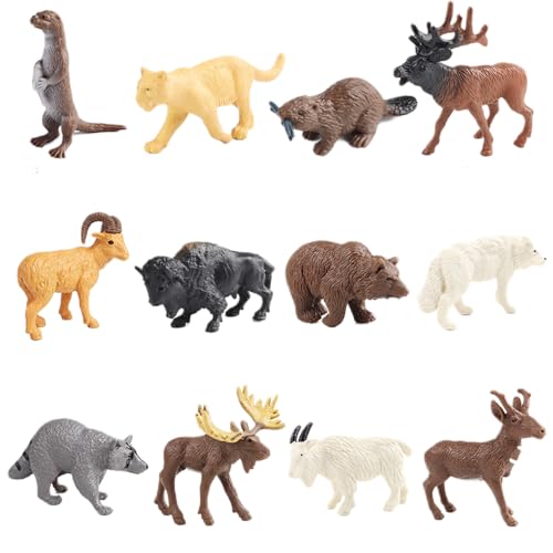 AENIMELY 12-teiliges Nordamerikanische Wildtierfiguren – Realistische Tierfiguren mit Bison, Elch, Puma, Biber – STEM-Lernspielzeug, Kuchentopper für Kinder von AENIMELY
