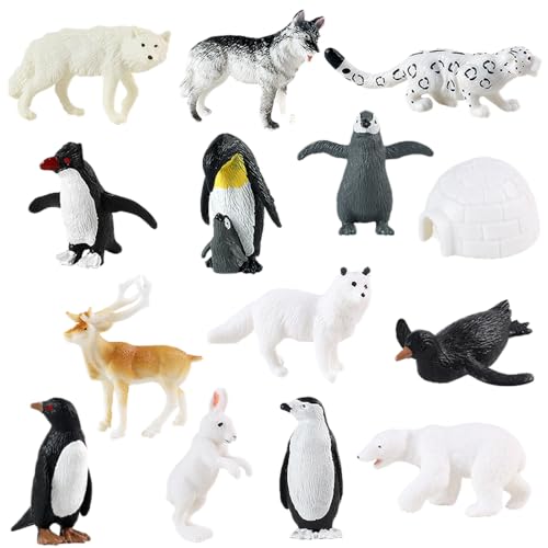 AENIMELY 14-teiliges Arktis-Tier-Set – Realistische Feste Modelle von Pinguin, Schneeleopard, Wolf, Husky, Eisbär, Iglu & mehr – Pädagogisches Wintertier-Spielzeug Kuchentopper-Geschenk für Kinder von AENIMELY