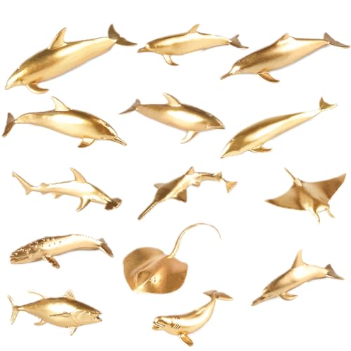 AENIMELY 14-teiliges Mini-Gold Meeres-Tierfiguren – Feste Meereslebewesen-Modelle – Pädagogisches STEM-Spielzeug, Party-Kuchentopper, Lernspielzeug für Kinder von AENIMELY