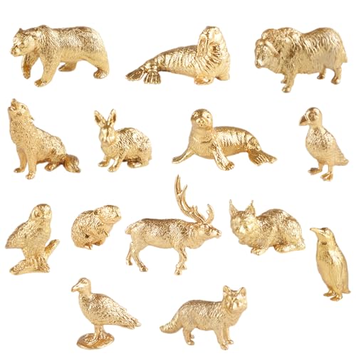 AENIMELY 14-teiliges Mini-Gold Polar-Tierfiguren – Feste Wildtiermodelle – STEM-Lernspielzeug, Kuchentopper, pädagogisches Spielzeug für Kinder von AENIMELY
