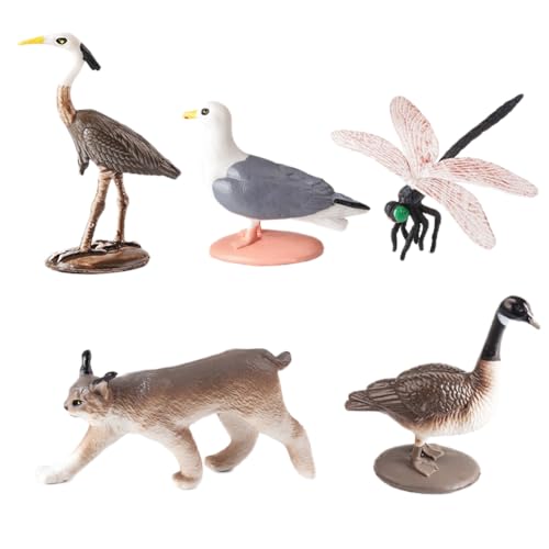 AENIMELY 5-teiliges Wildtierfiguren – Realistische Modelle mit Blauem Reiher, Kanadagans, Luchs, Möwe, Libelle – Pädagogisches STEM-Spielzeug für Kinder, Natur-Lern-Geschenk von AENIMELY