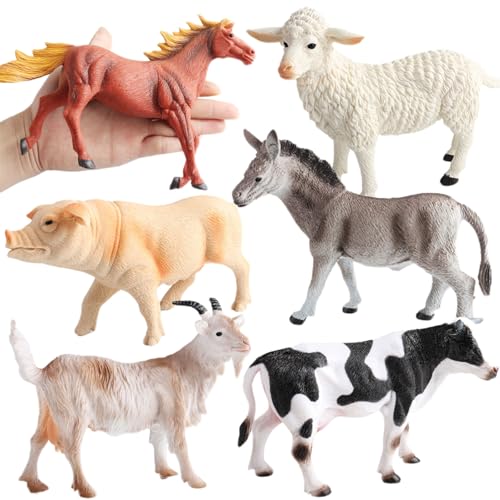 AENIMELY 6-teiliges großes hohles Bauernhof-Tierset – Enthält weißes Schaf, Ziege, rotes Pferd, Kuh, Schwein, Esel – Realistische pädagogische Modelle & Geburtstags-Kuchentopper für Kinder von AENIMELY