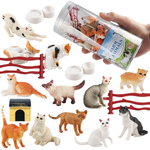 AENIMELY Mini-Katzenfiguren im Eimer – 12-teiliges realistische Feste Plastik-Haustier-Katzenmodelle – Pädagogisches Tier-Spielzeug, Schreibtisch-Dekoration, Lern-Geschenk für Kinder von AENIMELY