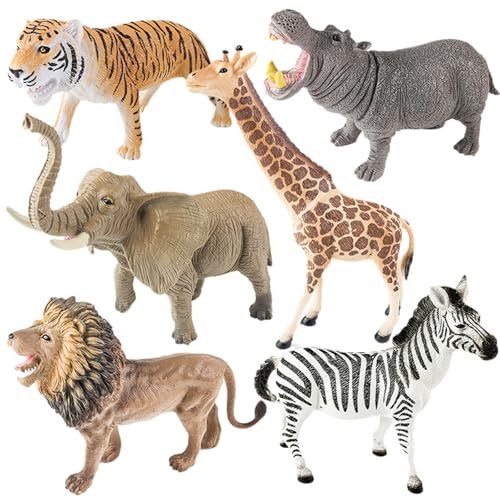 AENIMELY Safari-Tier-Set – 6-teiliges großes realistische Wildtiere inkl. Löwe, Elefant, Tiger, Flusspferd, Zebra, Giraffe – STEM-Lernspielzeug, Kuchentopper, Geschenke für Kinder von AENIMELY
