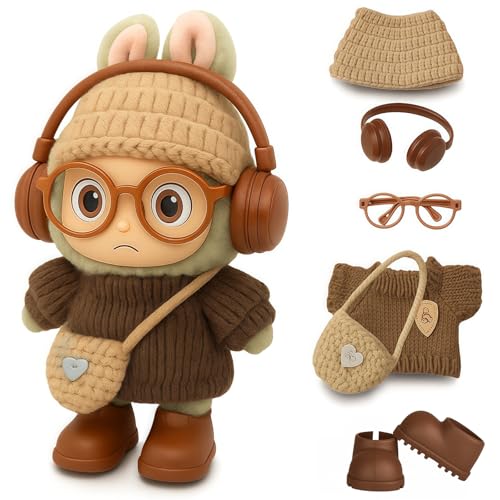 6-teiliges handgefertigtes Häkelpuppen-Kleidungs-Set, passend für 15-17 cm Mini-Puppen, inklusive Hut, Pullover, Tasche, Brille, Schuhe und Kopfhörer (braun) von AERHENM