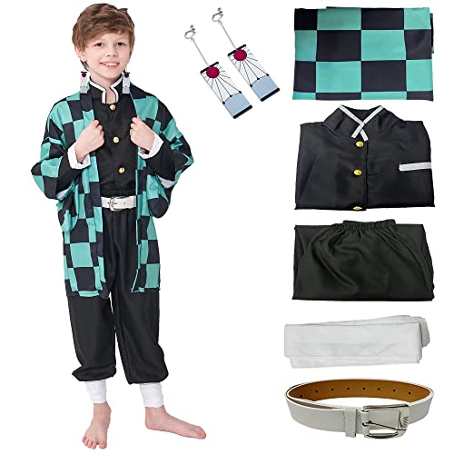 AETIYN Kostüm Tanjiro Nezuko Cosplay für Kinder Kostüm Set Anime Cosplay Vollkostüm Kimono Rollenspiele Kleidung Geschenk für Halloween Weihnachten Karneval (Green, Tag 140) von AETIYN
