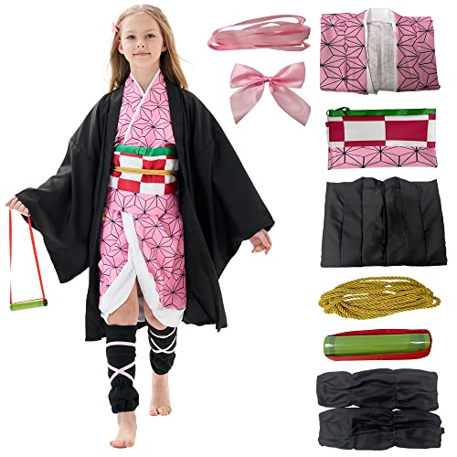 AETIYN Kostüm Tanjiro Nezuko Cosplay für Kinder Kostüm Set Anime Cosplay Vollkostüm Kimono Rollenspiele Kleidung Geschenk für Halloween Weihnachten Karneval (Pink, Tag 130) von AETIYN