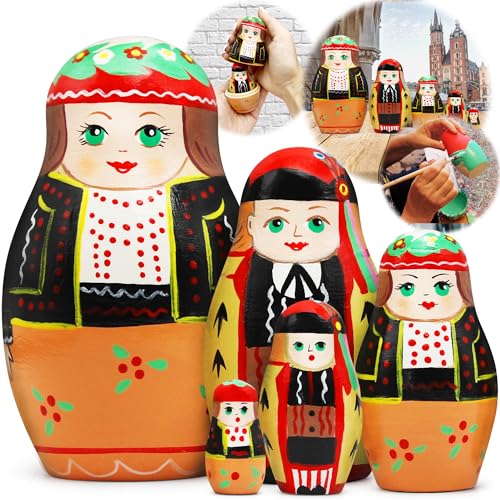 AEVVV Polish Nesting Dolls Set 5 pcs Hand Painted Wooden Matroshka Dolls in Polish Folk Costumes with Krakau Ornaments - Russian Nesting Dolls in Traditional Polish Clothing AEVVV Polish Nesting Dolls Set 5 pcs Hand Painted Wooden Matroshka Dolls in Polish Folk Costumes with Krakau Ornaments - Russian Nesting Dolls in Traditional Polish Clothing von AEVVV