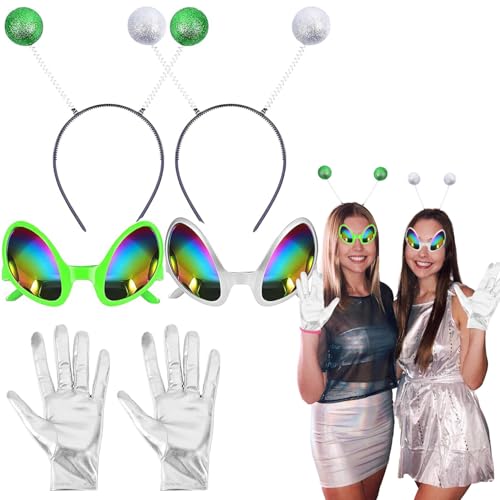 AEYAKA Alien Kostüm 2 set Alien Brille Alien Antennen Stirnband Silberne Handschuhe Grünes Kostüm Cosplay für Halloween, Karnevalsparty-Kostümzubehör AEYAKA Alien Kostüm 2 set Alien Brille Alien Antennen Stirnband Silberne Handschuhe Grünes Kostüm Cosplay für Halloween, Karnevalsparty-Kostümzubehör von AEYAKA