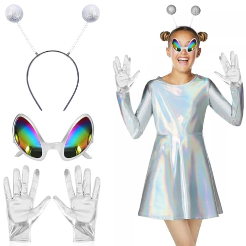 AEYAKA Außerirdische Stirnband und Gläserhandschuhe, Alien Accessoires, Alien Kostüm, Antenne, Aliengläser, Silberhandschuhe für Halloween, Karnevalsparty Kostüm Zubehör Silber AEYAKA Außerirdische Stirnband und Gläserhandschuhe, Alien Accessoires, Alien Kostüm, Antenne, Aliengläser, Silberhandschuhe für Halloween, Karnevalsparty Kostüm Zubehör Silber von AEYAKA