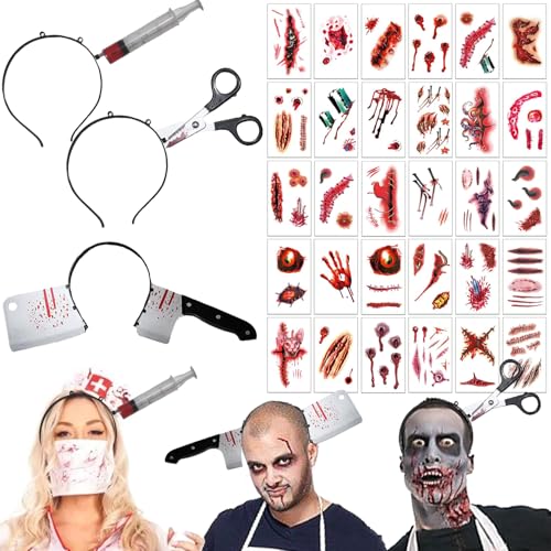 AEYAKA Halloween Horror Haarreif Set Schere, Spritze, Messer im Kopf mit Blut Gruselige Kopfbedeckung & 30 Zombie Tattoo Aufkleber Kostüm Accessoire für Damen Herren Karneval, Cosplay, Masquerade AEYAKA Halloween Horror Haarreif Set Schere, Spritze, Messer im Kopf mit Blut Gruselige Kopfbedeckung & 30 Zombie Tattoo Aufkleber Kostüm Accessoire für Damen Herren Karneval, Cosplay, Masquerade von AEYAKA