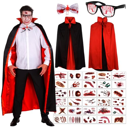 AEYAKA Vampir Kostüm Cape 150cm Schwarz Rot Doppelseitigem Umhang 30 Temporäre Tattoos Halloween Kostüm für Erwachsene Fliege, Brille mit Blut AEYAKA Vampir Kostüm Cape 150cm Schwarz Rot Doppelseitigem Umhang 30 Temporäre Tattoos Halloween Kostüm für Erwachsene Fliege, Brille mit Blut von AEYAKA