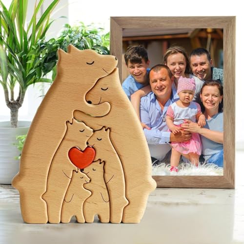 Personalisiertes Holzkunstpuzzle der Bärenfamilie mit 1-8 Familiennamen, Desktop Ornament Home Tischdekoration für Familie Andenken Geschenke, Geschenk für Familie, Oma, Opa Mama, Papa (D) von AEbdgdd