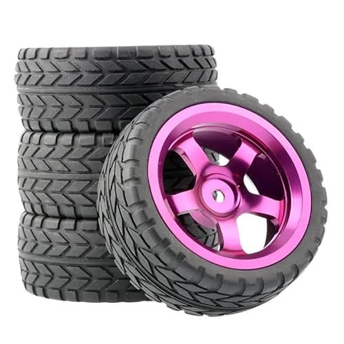 Wltoys 144001 144010 124007 124016 124019 A959 A959-B 4 Stück 65 mm Gummireifen Metallfelge 12 mm Sechskant for RC-Auto-Upgrade-Teile(A Purple) von AFCAHEH