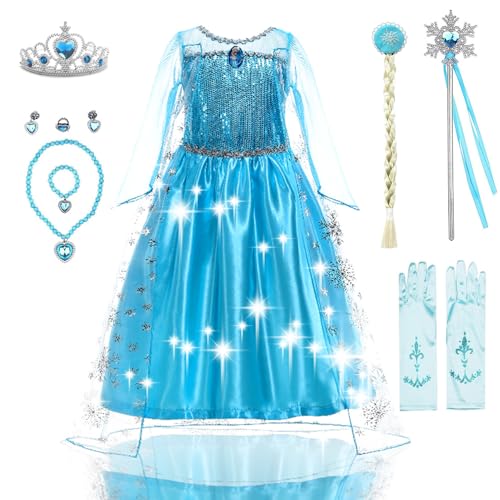 AFEIGE Kostüm Kinder Mädchen ELSA Kleid Kinder mit Krone Diadem Handschuhe Zauberstab für Weihnachten (150) von AFEIGE