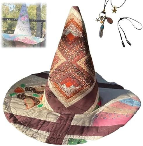 AFGQIANG Vintage Cottagecore Halloween Hexenhut Handgemachte Quilt Hexenhut Renaissance Kostüm Hexe Vibes (#1) von AFGQIANG
