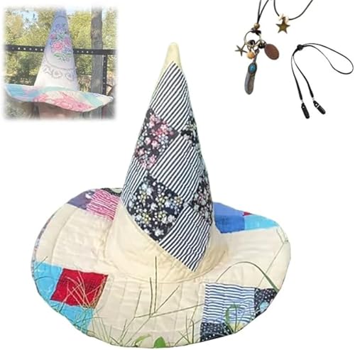 AFGQIANG Vintage Cottagecore Halloween Hexenhut Handgemachte Quilt Hexenhut Renaissance Kostüm Hexe Vibes (#16) von AFGQIANG