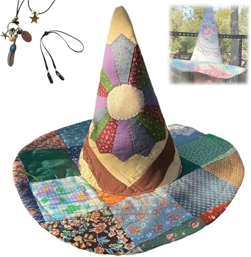 AFGQIANG Vintage Cottagecore Halloween Hexenhut Handgemachte Quilt Hexenhut Renaissance Kostüm Hexe Vibes (#5) von AFGQIANG