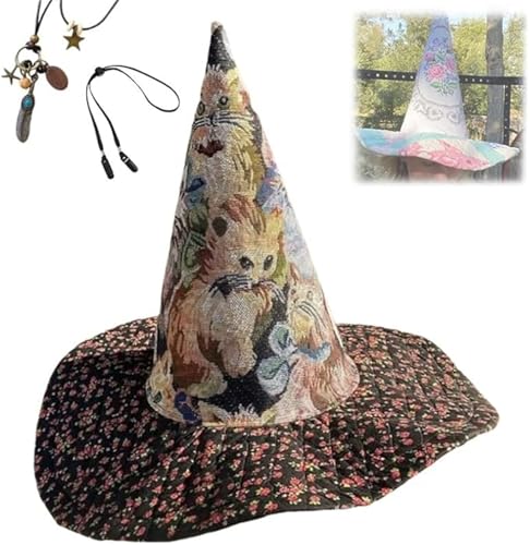 AFGQIANG Vintage Cottagecore Halloween Hexenhut Handgemachte Quilt Hexenhut Renaissance Kostüm Hexe Vibes (#7) von AFGQIANG