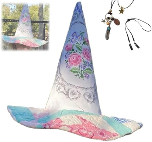 AFGQIANG Vintage Cottagecore Halloween Hexenhut Handgemachte Quilt Hexenhut Renaissance Kostüm Hexe Vibes (#8) von AFGQIANG