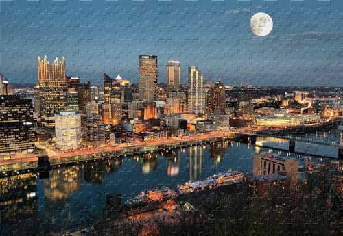 100 Teile Pittsburgh Skyline bei Vollmond Puzzle Holzmaterial Berühmte Gemälde Wandbild 45,5x35,5CM von AFHMZ