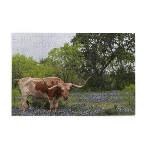 Puzzle mit Longhorn-Ochsen- und Bluebonnets-Aufdruck, 2000 Teile, Papierpuzzle, Geschenke für Erwachsene, Familie, Hochzeit, Abschlussgeschenk, vertikale Version, 100 x 70 cm von AFHMZ