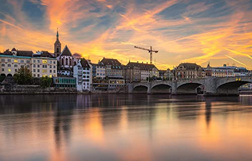 Weihnachtspuzzle 100 Teile Stadt Sonnenuntergang Brücke Fluss Architektur Basel Rheinbrücke in der Schweiz 45,5 x 35,5 cm von AFHMZ