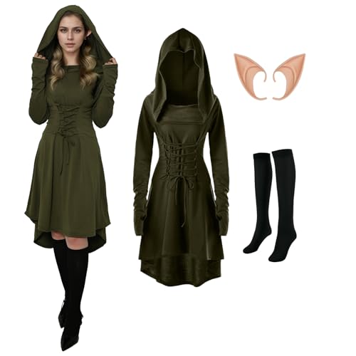 AFJIODUV Gothic Kleid Damen, Mittelalter Kleid Damen Mit Elfenohren Und Strümpfen, Gothic Kleidung Halloween für Renaissance Halloween Karneval (Grün, M) von AFJIODUV