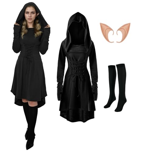 AFJIODUV Gothic Kleid Damen, Mittelalter Kleid Damen Mit Elfenohren Und Strümpfen, Gothic Kleidung Halloween für Renaissance Halloween Karneval (Schwarz, S) von AFJIODUV