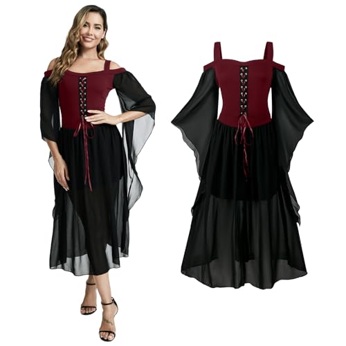 AFJIODUV Halloween Kleid Damen, Mittelalter Gothic Kleidung Renaissance Kleid mit Trompetenärmel, Halloween Kostüm Damen Korsett für Karneval Party (Rot, M) von AFJIODUV