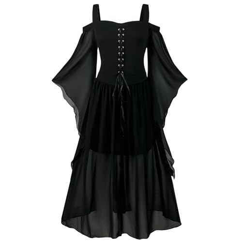 AFJIODUV Halloween Kleid Damen, Mittelalter Gothic Kleidung Renaissance Kleid mit Trompetenärmel, Halloween Kostüm Damen Korsett für Karneval Party (Schwarz, 2XL) von AFJIODUV