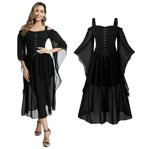 AFJIODUV Halloween Kleid Damen, Mittelalter Gothic Kleidung Renaissance Kleid mit Trompetenärmel, Halloween Kostüm Damen Korsett für Karneval Party (Schwarz, M) von AFJIODUV