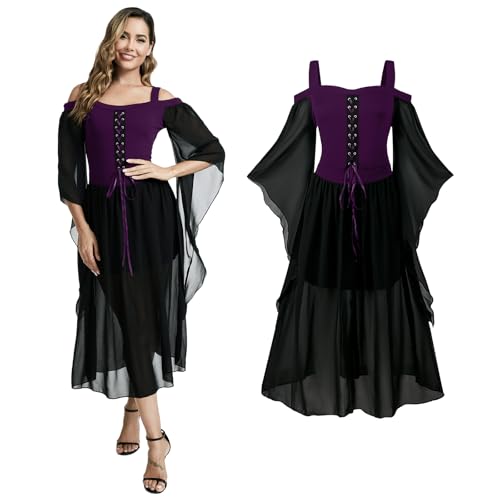 AFJIODUV Halloween Kleid Damen, Mittelalter Gothic Kleidung Renaissance Kleid mit Trompetenärmel, Halloween Kostüm Damen Korsett für Karneval Party (Violett, M) von AFJIODUV