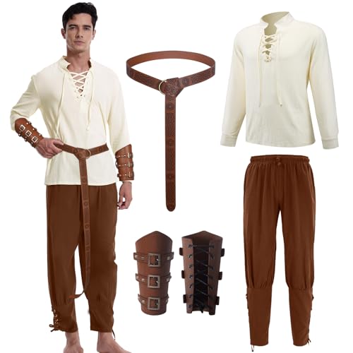 AFJIODUV Mittelalter Kleidung Herren Set, 4PCS Renaissance Wikinger Kostüm Herren, mit Mittelalter Hemd, Hose, Gürtel, Handgelenkschützer, für Karneval Halloween Pirat Hippie Cosplay Party (Braun, S) AFJIODUV Mittelalter Kleidung Herren Set, 4PCS Renaissance Wikinger Kostüm Herren, mit Mittelalter Hemd, Hose, Gürtel, Handgelenkschützer, für Karneval Halloween Pirat Hippie Cosplay Party (Braun, S) von AFJIODUV