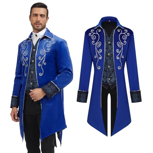 AFJIODUV Steampunk Frack Mantel, Viktorianischen Vintage Gothic Frack Mantel, Mittelalter Renaissance Herren Steampunk Vintage Jacke Party Cosplay Herren Kostüme für Erwachsene (Blau, XL) von AFJIODUV