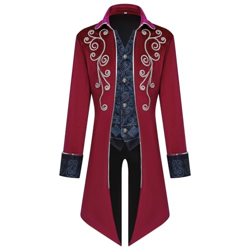 AFJIODUV Steampunk Frack Mantel, Viktorianischen Vintage Gothic Frack Mantel, Mittelalter Renaissance Herren Steampunk Vintage Jacke Party Cosplay Herren Kostüme für Erwachsene (Rot, S) von AFJIODUV