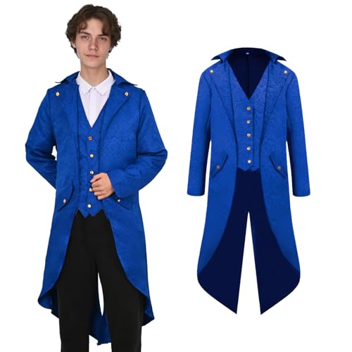 AFJIODUV Steampunk Kostüm Herren, Viktorianischen Vintage Jacke Gothic Mantel, Mittelalter Kleidung Herren Frack Mantel für Halloween Karneval Cosplay Party (Blau, XS) von AFJIODUV