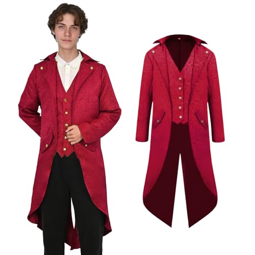 AFJIODUV Steampunk Kostüm Herren, Viktorianischen Vintage Jacke Gothic Mantel, Mittelalter Kleidung Herren Frack Mantel für Halloween Karneval Cosplay Party (Rot, M) von AFJIODUV