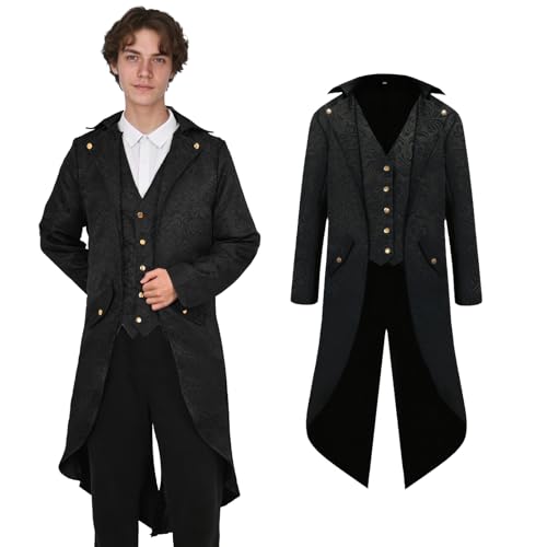 AFJIODUV Steampunk Kostüm Herren, Viktorianischen Vintage Jacke Gothic Mantel, Mittelalter Kleidung Herren Frack Mantel für Halloween Karneval Cosplay Party (Schwarz, S) von AFJIODUV